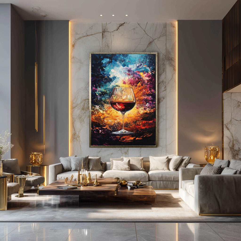 Red Wine Glass Canvas – Abstract Color Explosion Wall Art for Kitchen & Dining Room