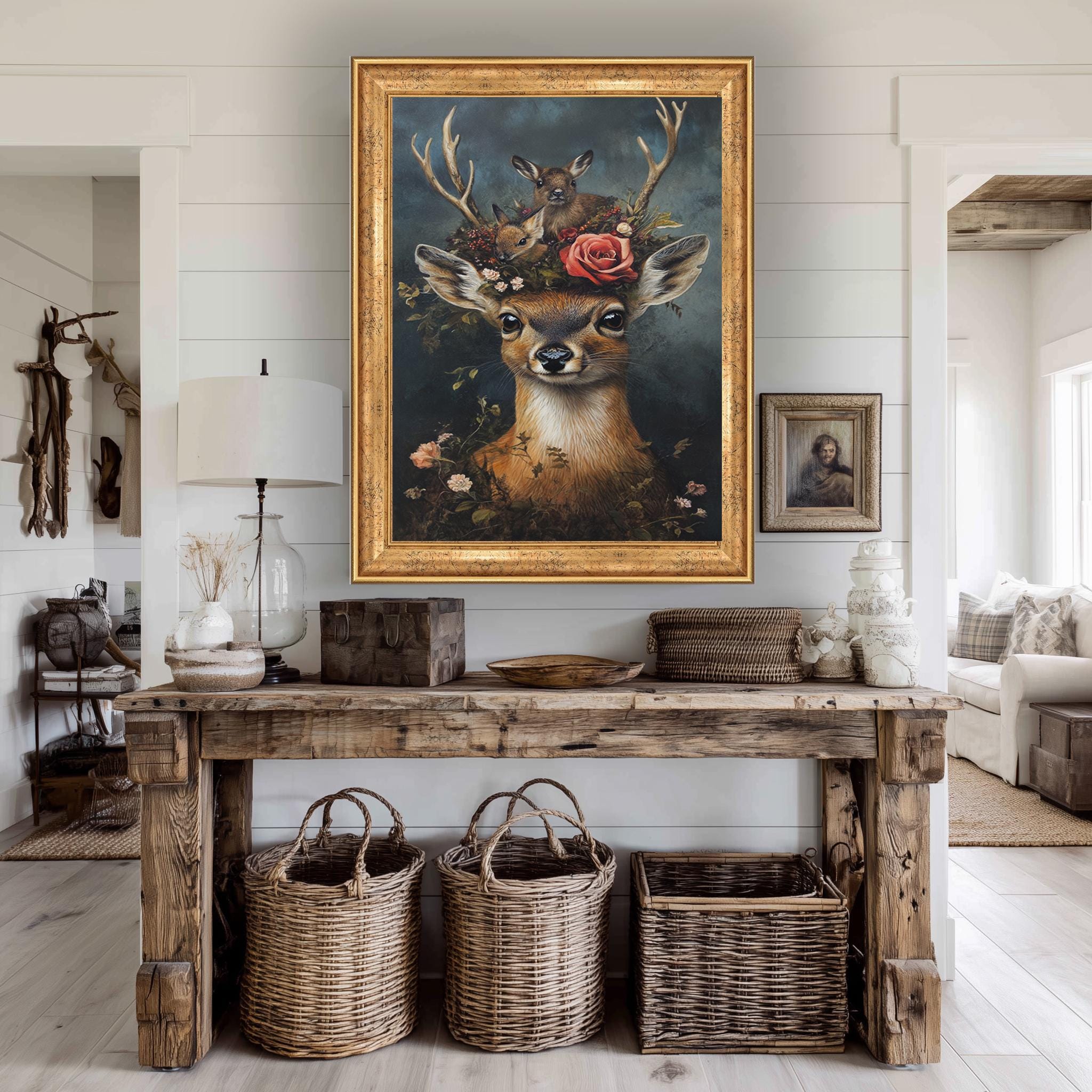 Woodland Deer Canvas Art – Rustic Animal Wall Decor with Baby Fawns & Flowers