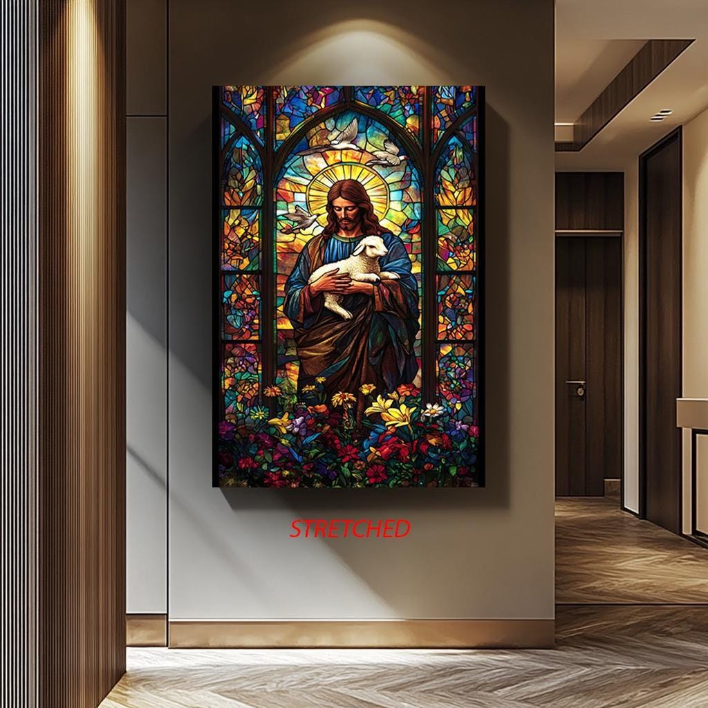 Jesus Christ Canvas Print – Good Shepherd Painting | Vibrant Stained Glass Artwork