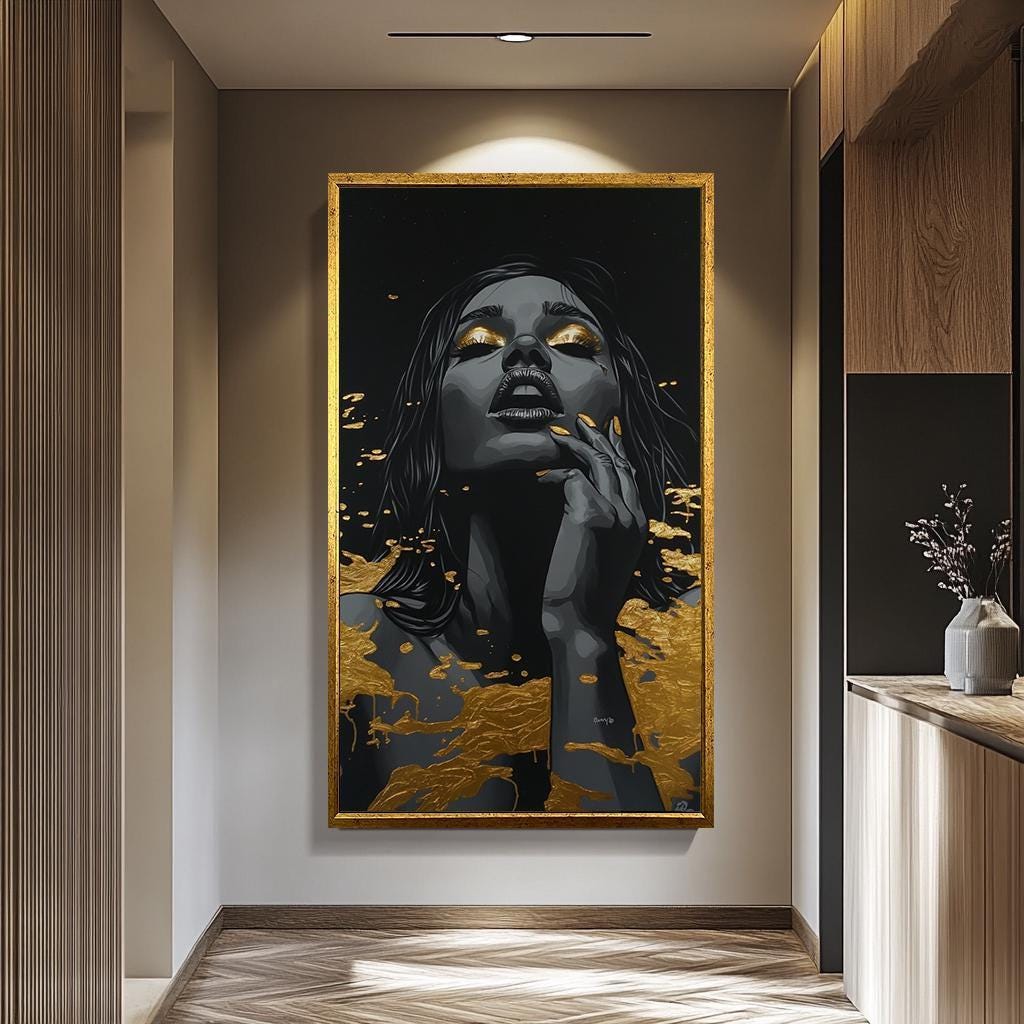 Women Wall Art | Black Gold Abstract Portrait Decor - Luxury Feminine Canvas