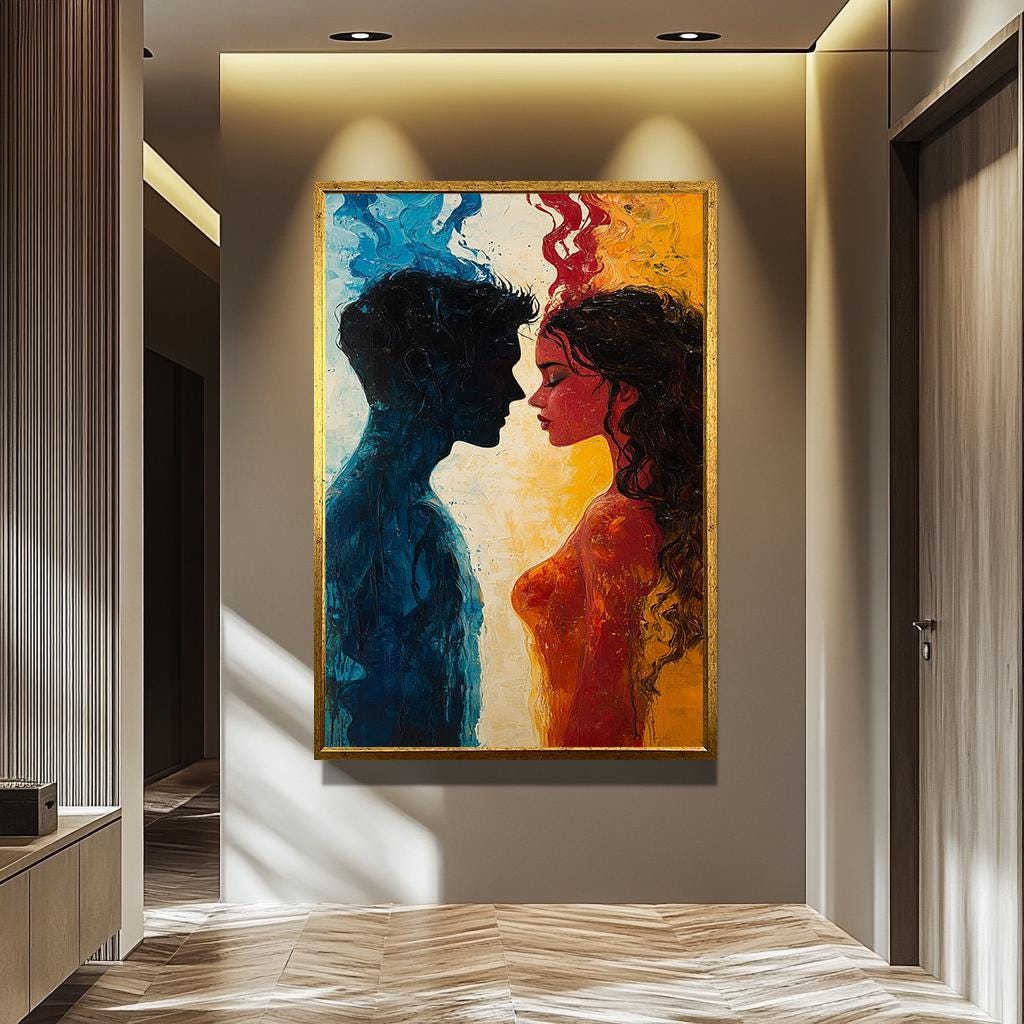 Couple Wall Art - Abstract Fire and Ice Painting | Passionate Blue Red Canvas