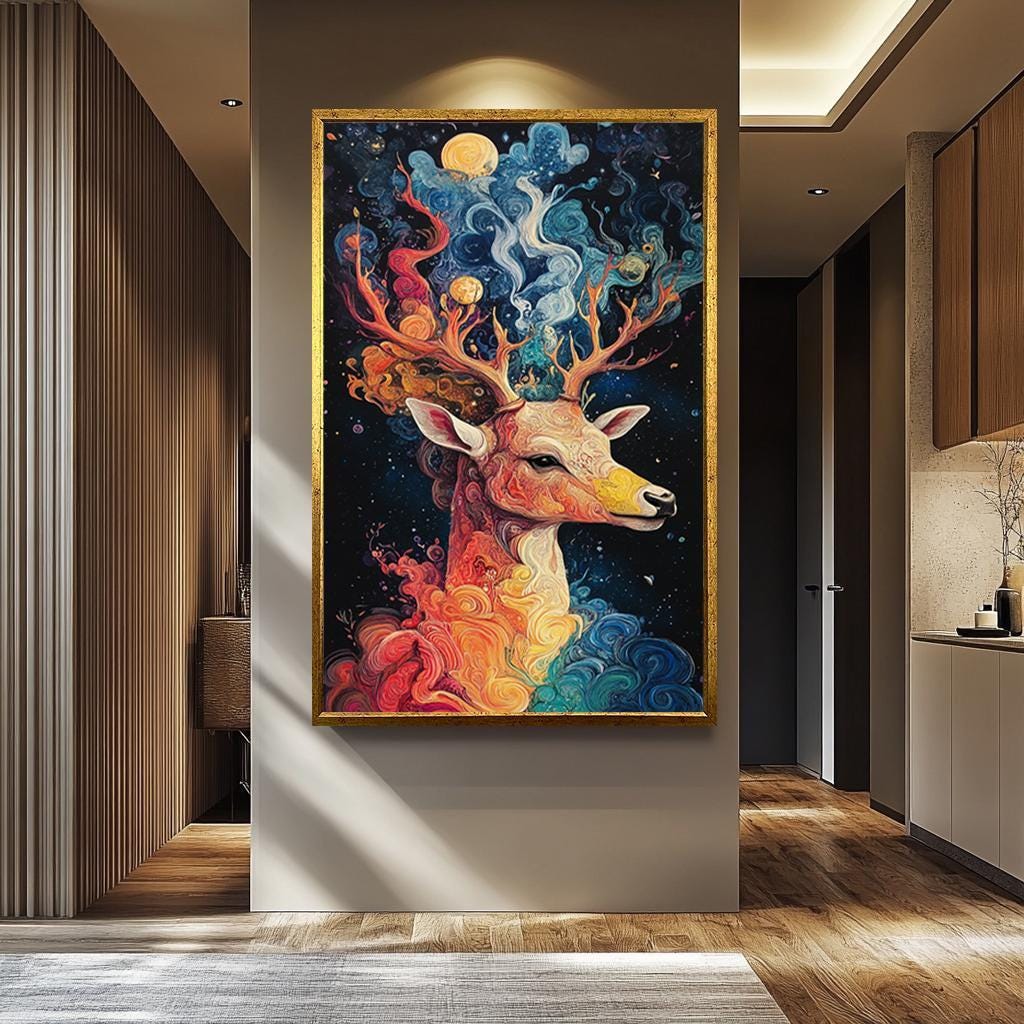 Deer Canvas Print - Rustic Wall Art | Large Colorful Deer Painting Print