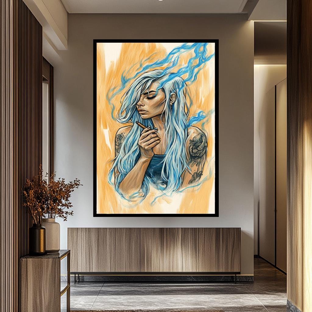Boho Women Wall Art – Feminine Portrait Canvas with Blue Hair & Smoke Effect