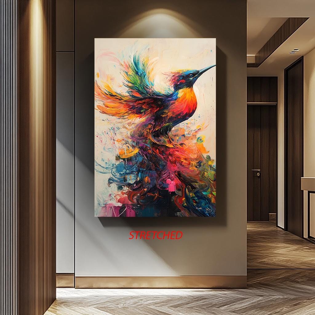 Colorful Bird Wall Art – Abstract Canvas Print With Vibrant Rainbow Painting