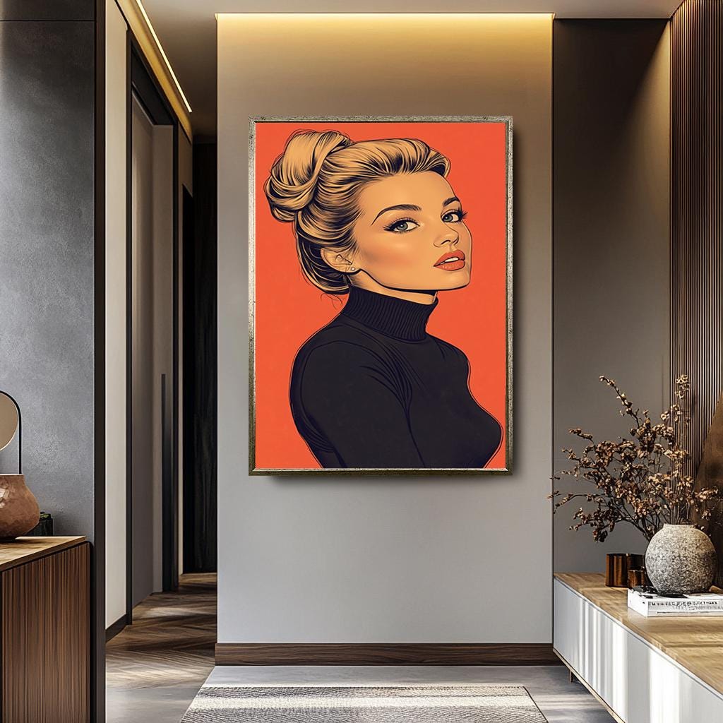 Pop Art Canvas Print – Blonde Woman Painting with Black Turtleneck & Bold Orange Background
