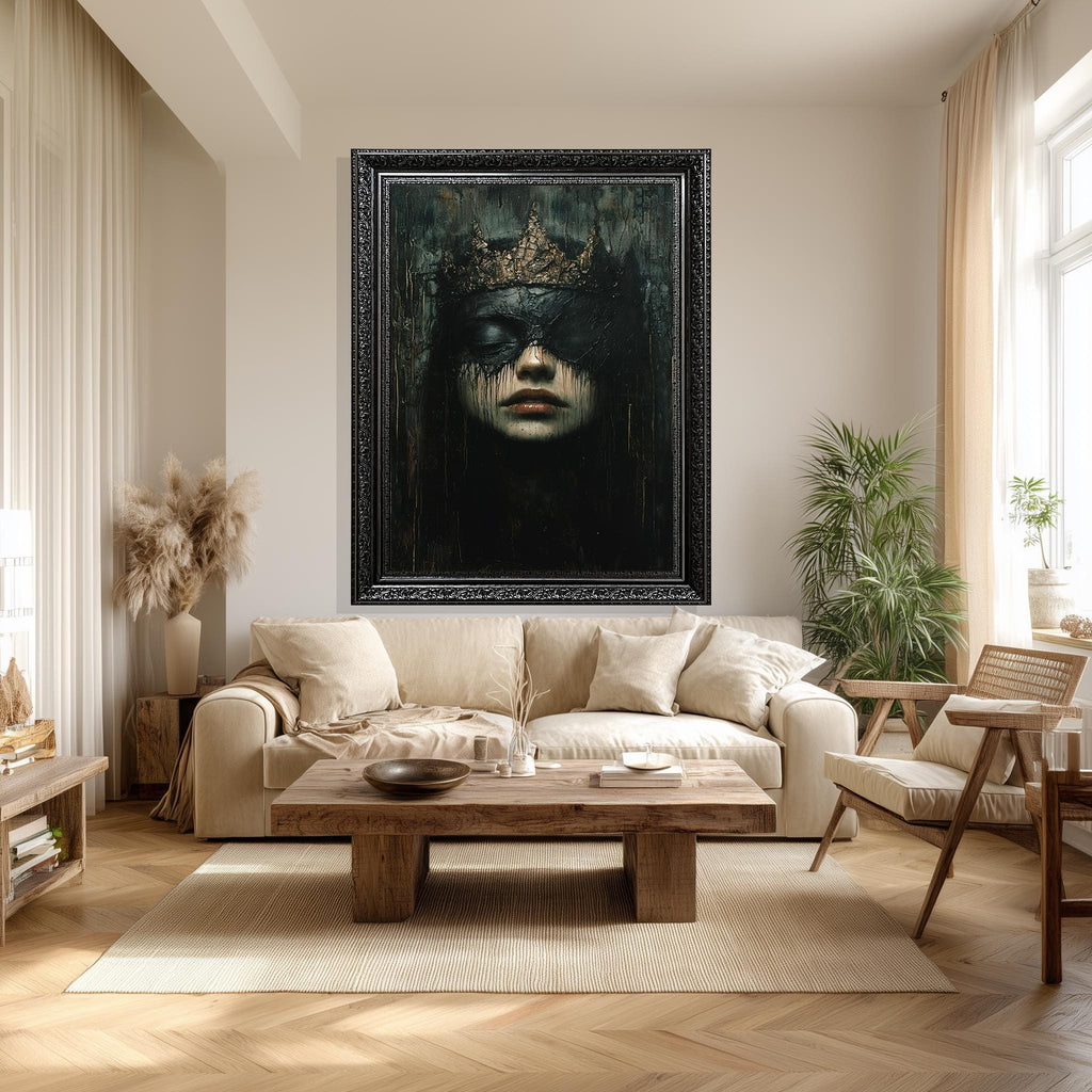Dark Gothic Queen Art – Moody Fantasy Portrait Print With Crown | Gothic Wall Decor