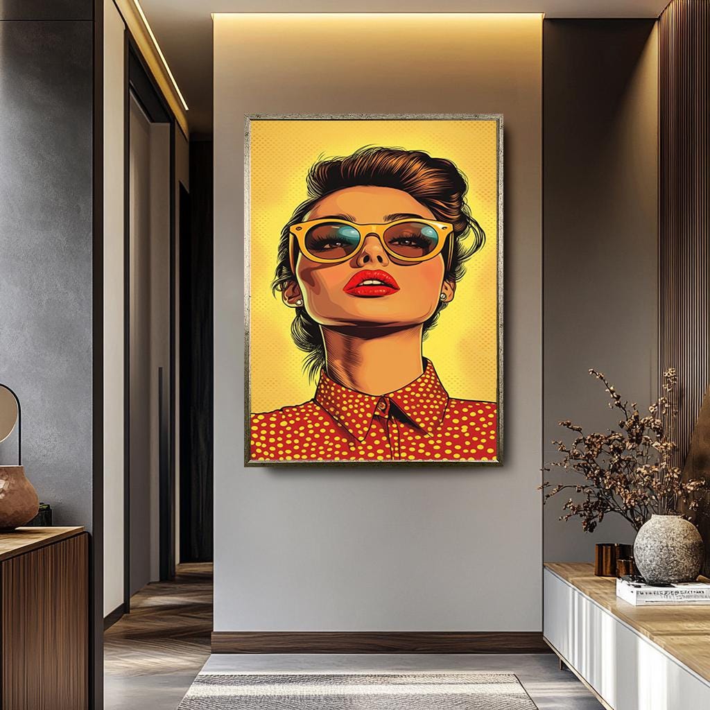 Pop Art Canvas Print – Bold Woman in Sunglasses | Retro Yellow Polka Dot Wall Art