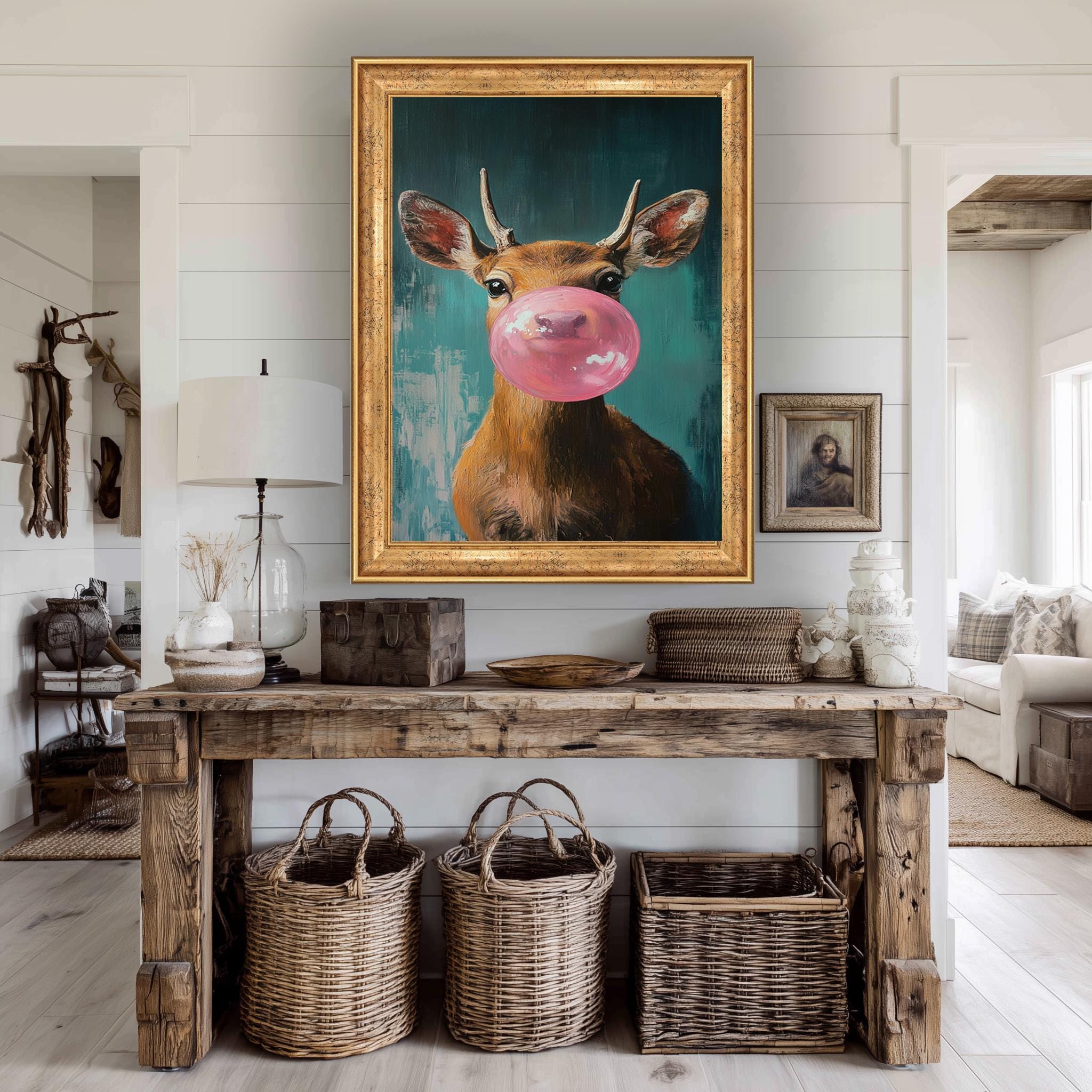 Funny Deer Wall Art – Bubblegum Animal Print on Teal Canvas for Kids Room Decor