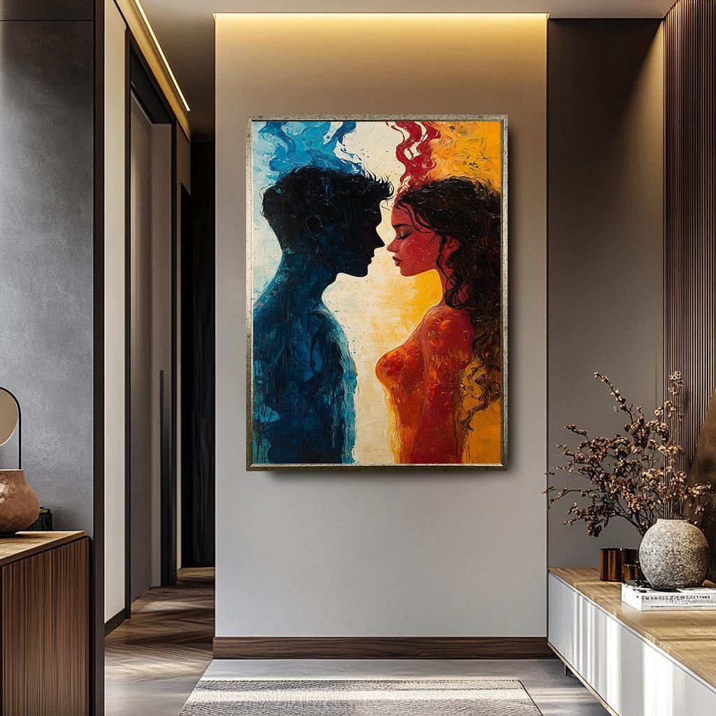 Couple Wall Art - Abstract Fire and Ice Painting | Passionate Blue Red Canvas