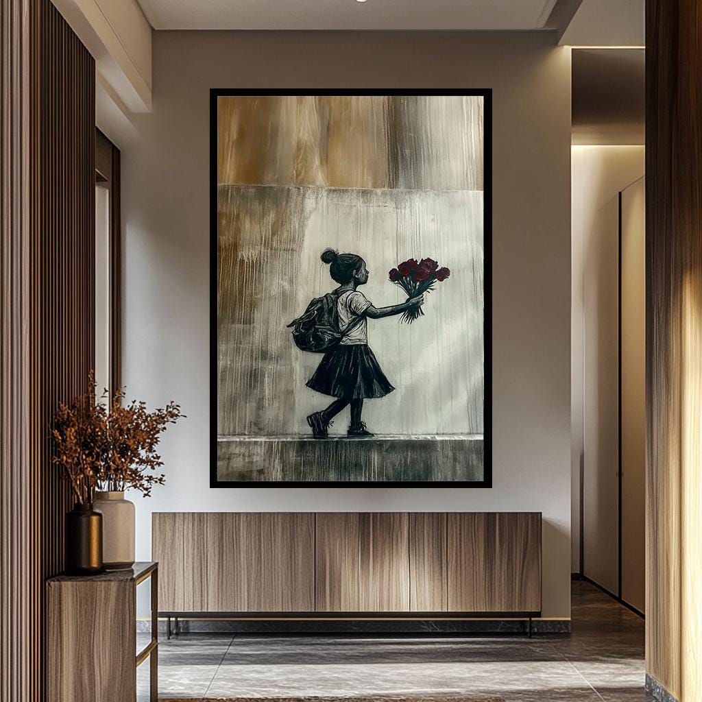 Banksy Wall Art – Girl with Roses Print | Urban Minimalist Canvas Painting