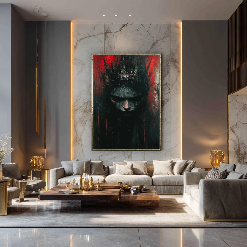 Dark Gothic Queen Canvas | Moody Gothic Wall Art With Fantasy Crown And Abstract Red Black