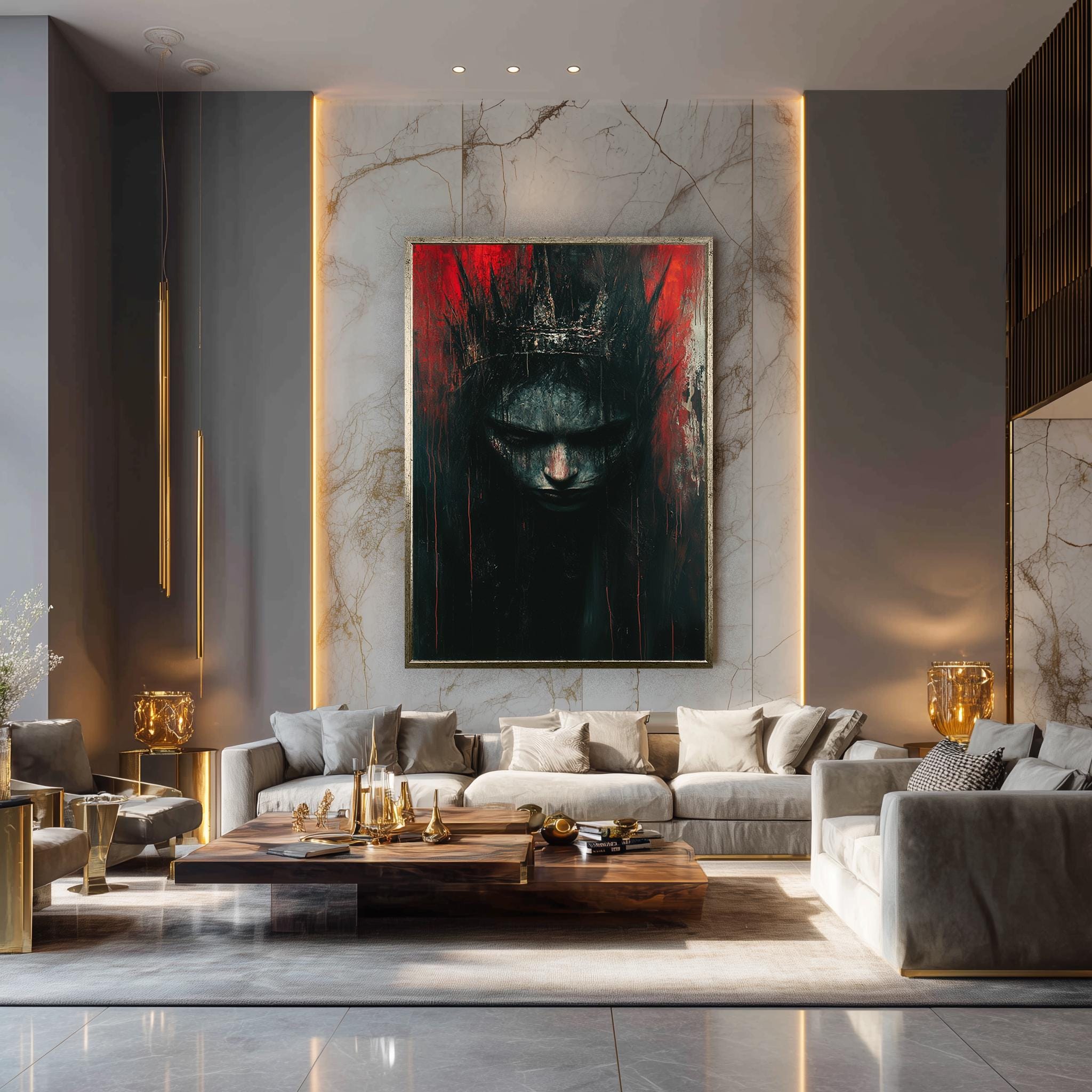 Dark Gothic Queen Canvas | Moody Gothic Wall Art With Fantasy Crown And Abstract Red Black