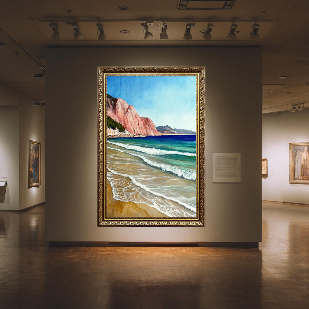 Beach Canvas Wall Art – Coastal Turquoise Sea Waves & Pink Cliffs Print