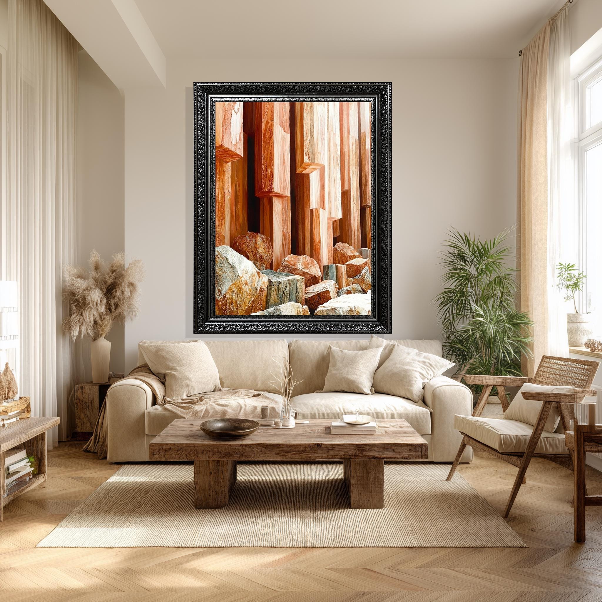 Natural Stone Wall Art – Geometric Rock Art Canvas Print in Warm Earth Tones