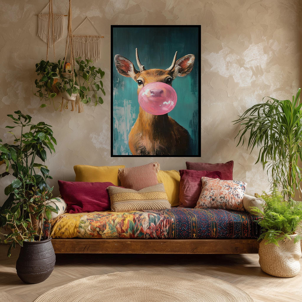 Funny Deer Wall Art – Bubblegum Animal Print on Teal Canvas for Kids Room Decor