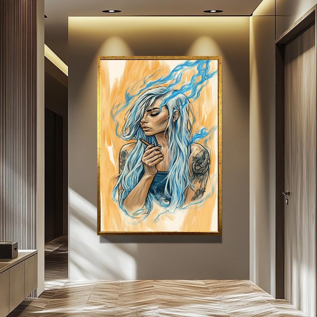 Boho Women Wall Art – Feminine Portrait Canvas with Blue Hair & Smoke Effect