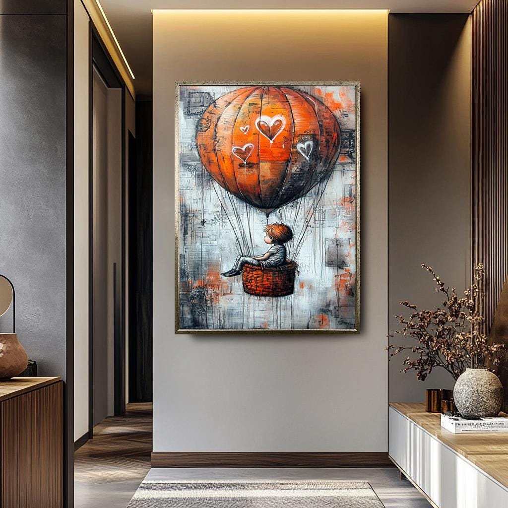 Orange Hot Air Balloon Art - Graffiti Style Canvas With Whimsical Hearts | Modern Urban Artwork