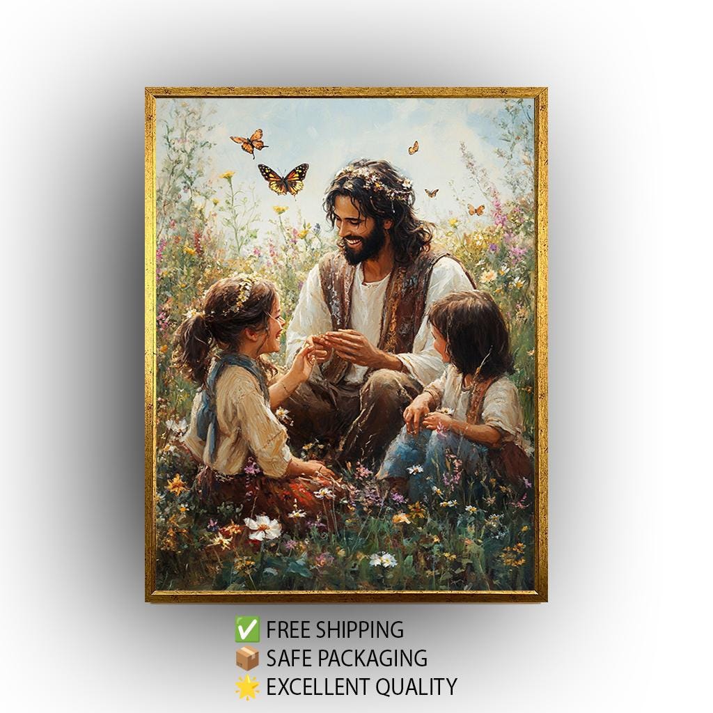 Jesus with Children Canvas - Joyful Christian Wall Art | Flower Field Print