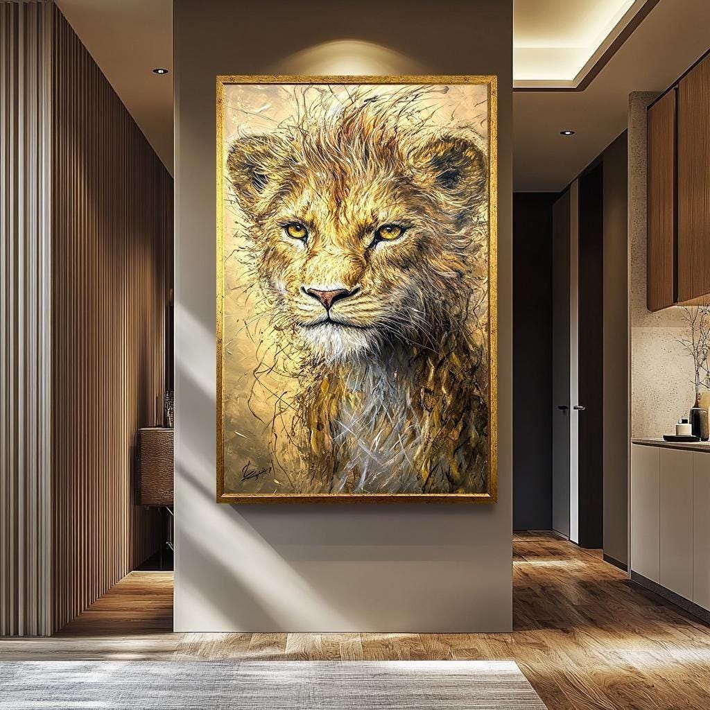 Golden Lion Cub Art – Luxury Wildlife Canvas Painting | Modern Lion Wall Decor