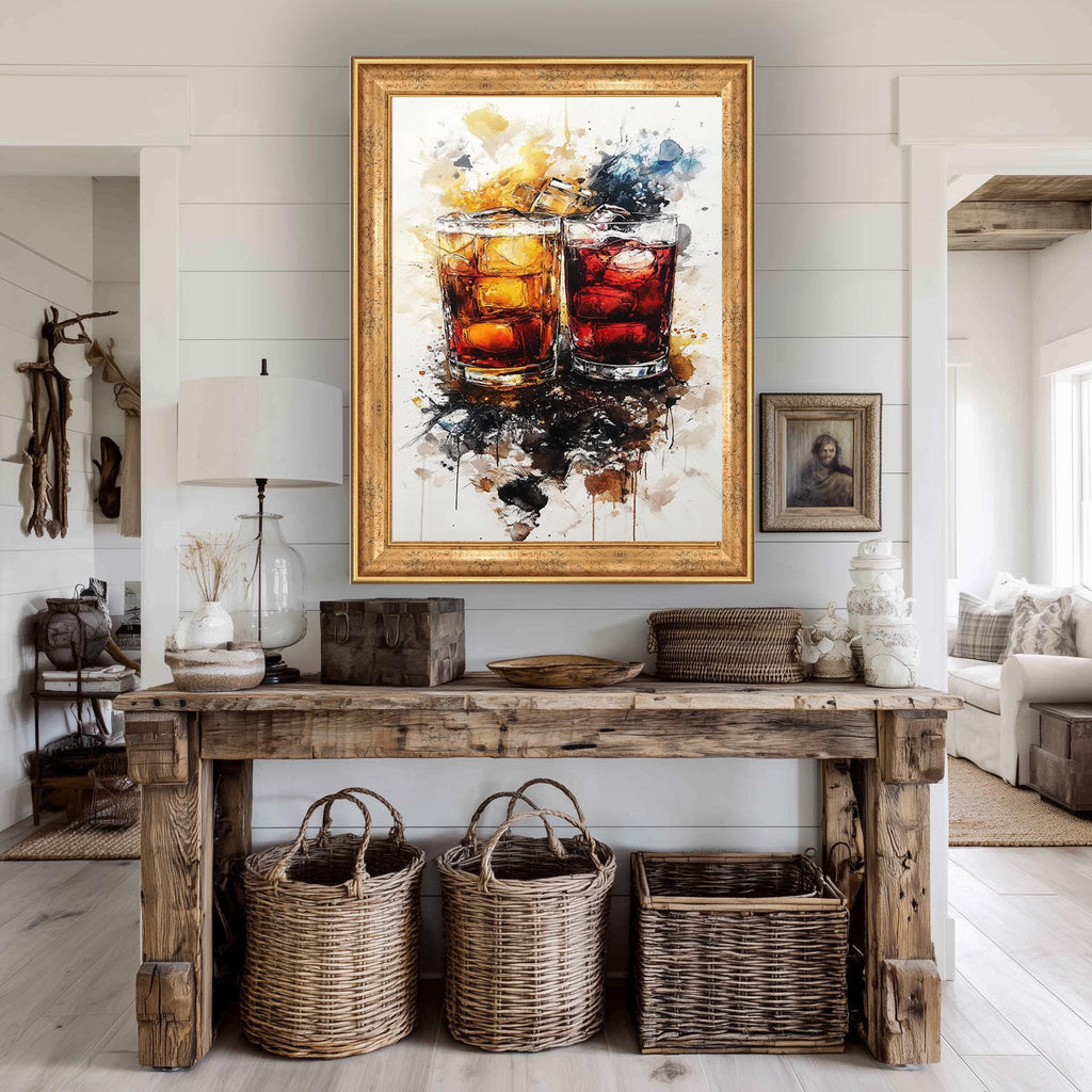 Whiskey Cocktail Wall Art – Abstract Drink Canvas with Ice & Amber Tones for Modern Bar Decor