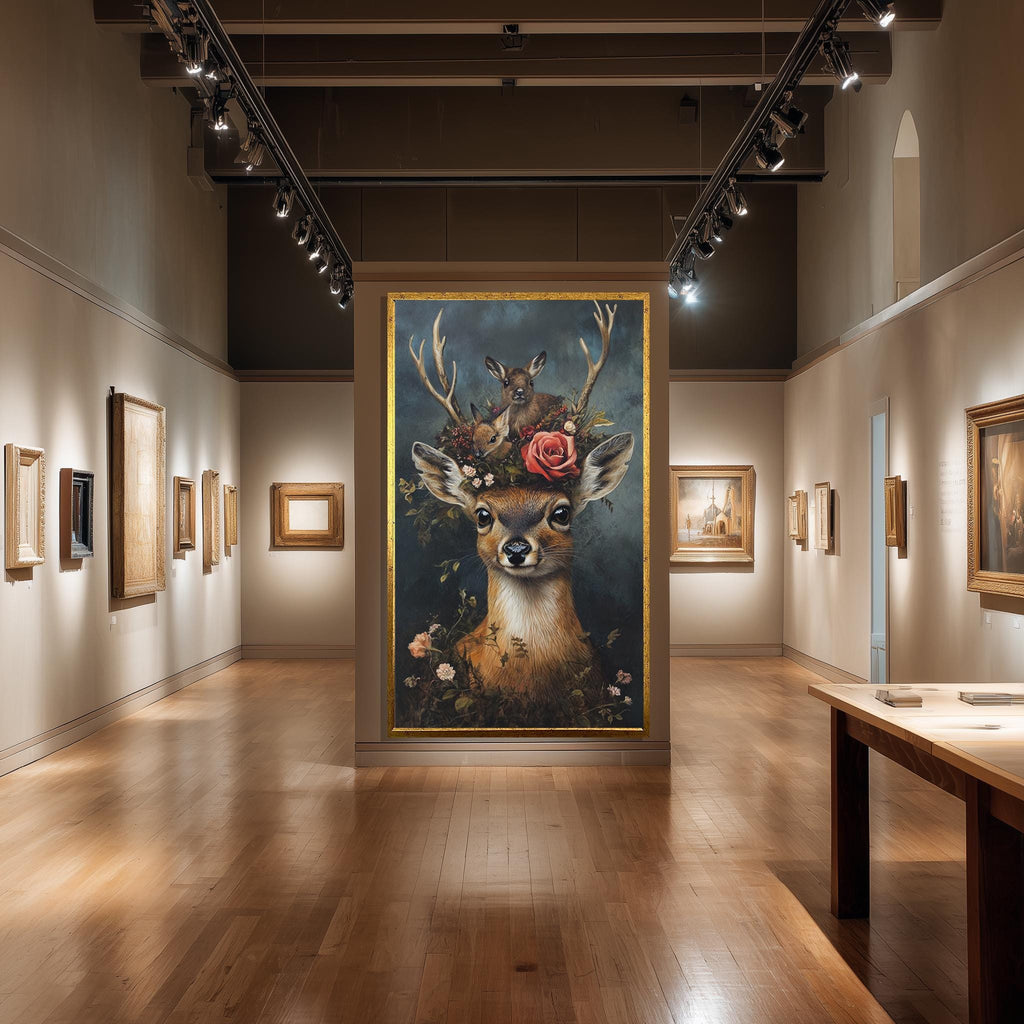 Woodland Deer Canvas Art – Rustic Animal Wall Decor with Baby Fawns & Flowers