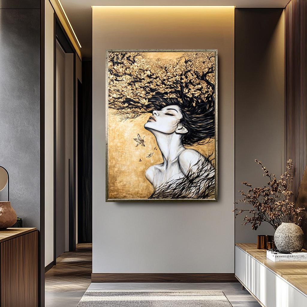 Women Wall Art – Gold Black Abstract Portrait | Elegant Feminine Canvas Decor