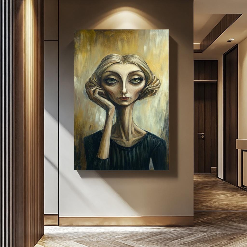 Abstract Woman Wall Art – Surreal Expressionist Painting | Quirky Female Portrait Print