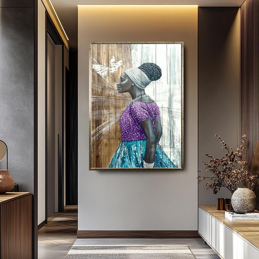 African Women Wall Art – Elegant Female Portrait Painting on Black Woman Canvas
