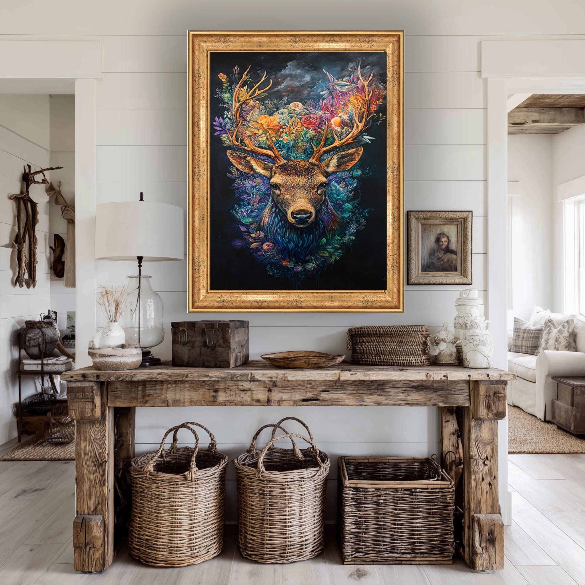 Deer Floral Canvas Print – Vibrant Botanical Stag Portrait | Boho Cottagecore Decor