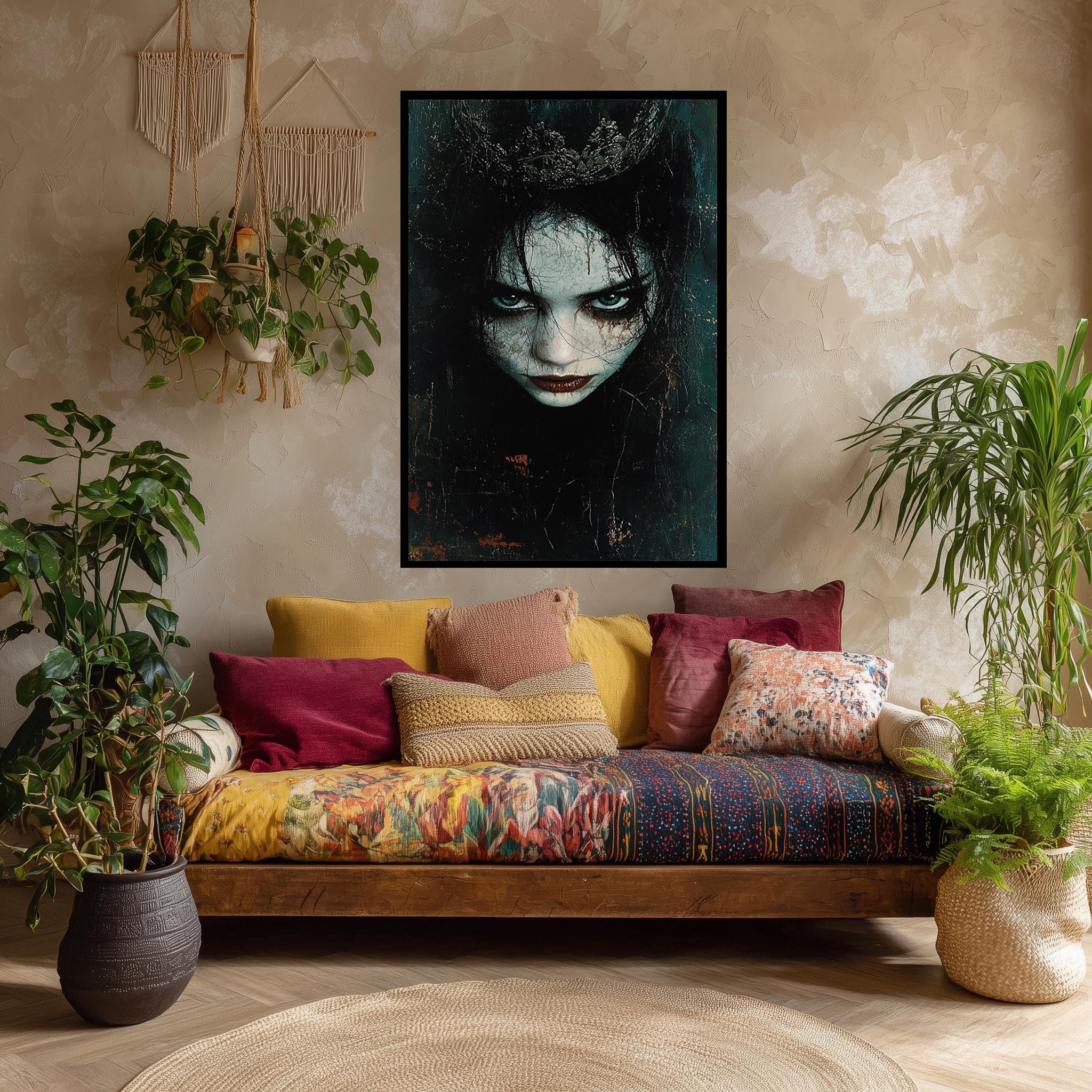 Gothic Woman Canvas Print – Dark Fantasy Portrait with Blue Eyes & Crowned Skin
