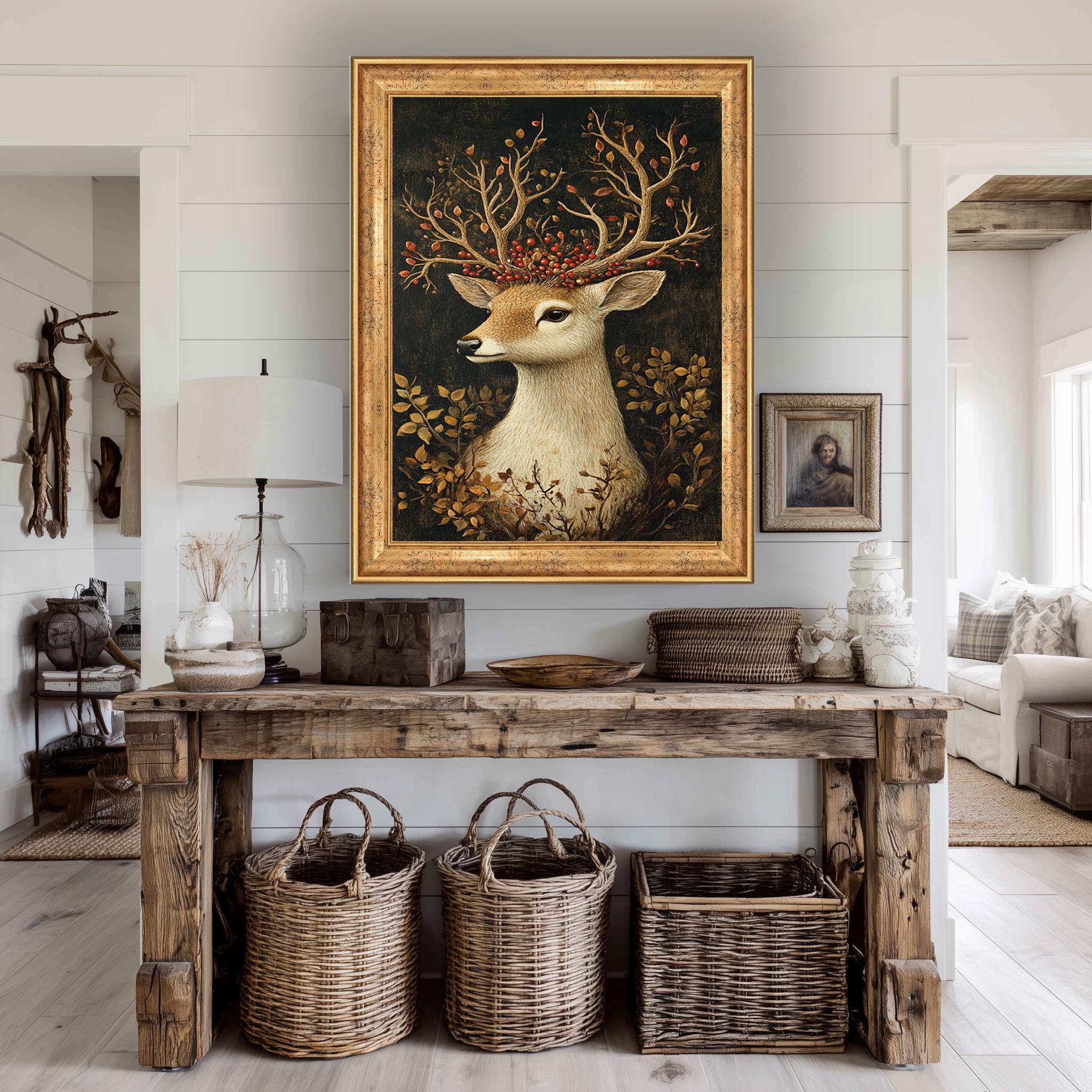 Deer Canvas Wall Art – Rustic Woodland Nature Print with Antlers & Red Berries