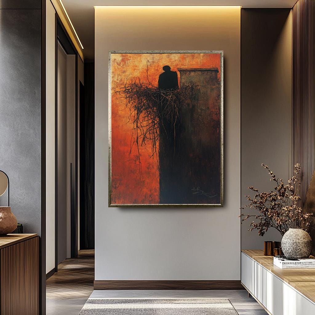 Dark Abstract Canvas – Moody Surreal Shadow Print With Fiery Orange Silhouette
