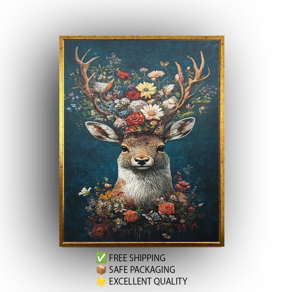 Floral Deer Wall Art – Whimsical Antler Flower Design Canvas for Nursery & Boho Decor
