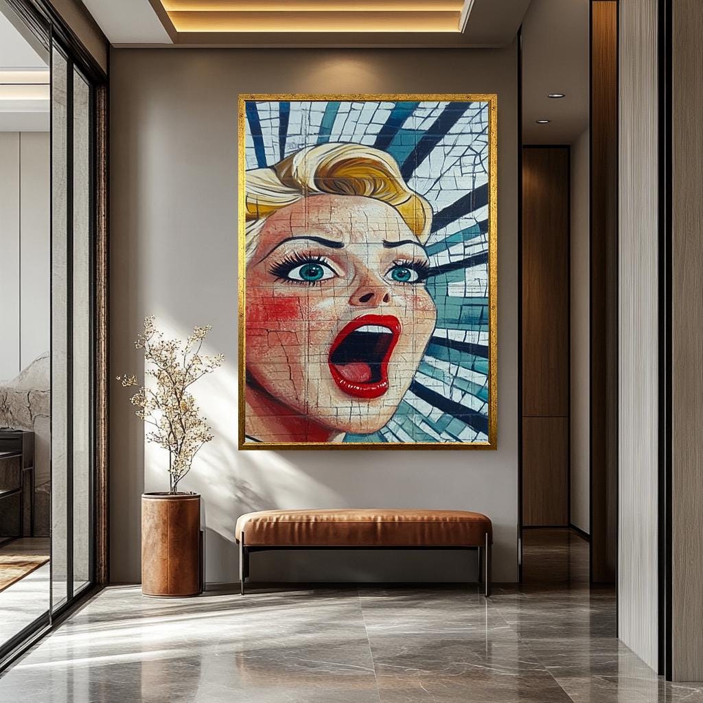 Pop Art Wall Art - Bold Wall Decor | Feminine Abstract Woman Portrait with Vintage Frame