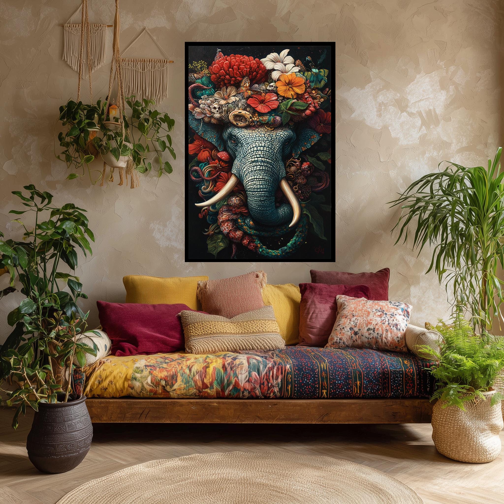 Elephant Floral Canvas Print – Vibrant Botanical Tropical Wall Art with Floral Crown Artwork