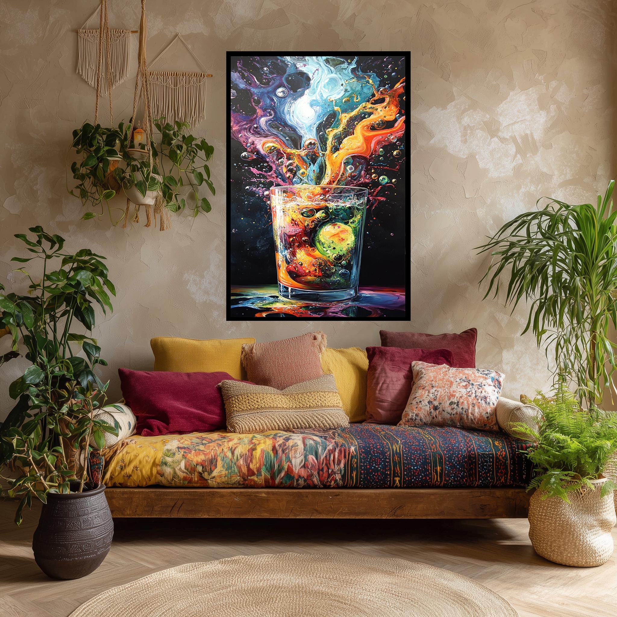 Colorful Cocktail Canvas – Bold Abstract Bar Artwork with Ice Cubes & Vibrant Splash Print