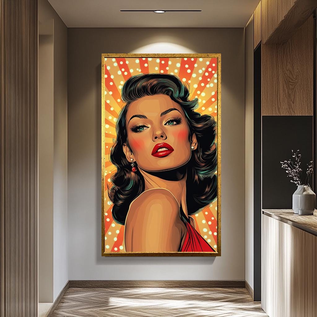 Pop Art Canvas Print – Glamorous Woman Retro Wall Art With Bold Makeup & Red Lips
