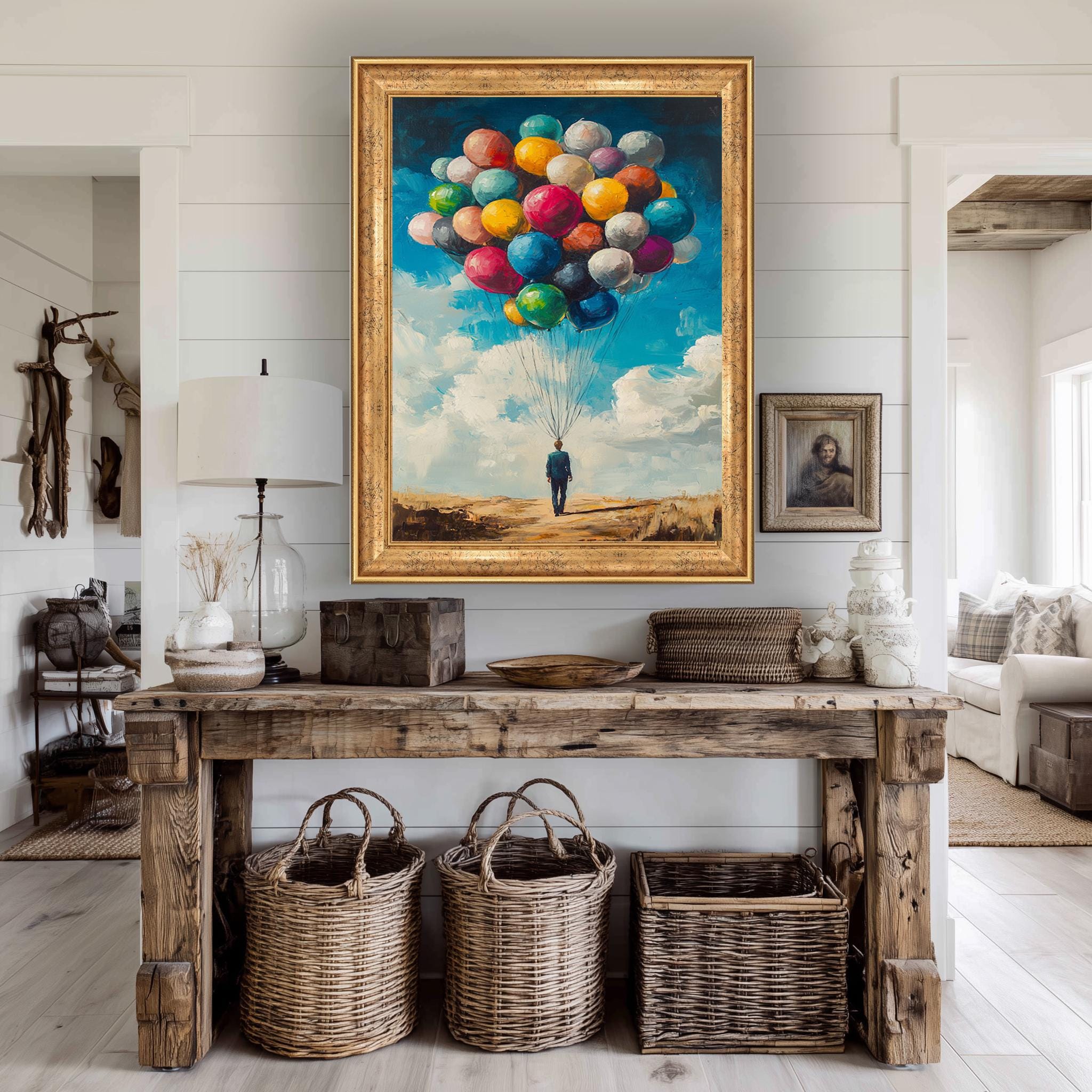 Surreal Canvas Wall Art – Modern Abstract Balloon Painting | Colorful Sky Decor
