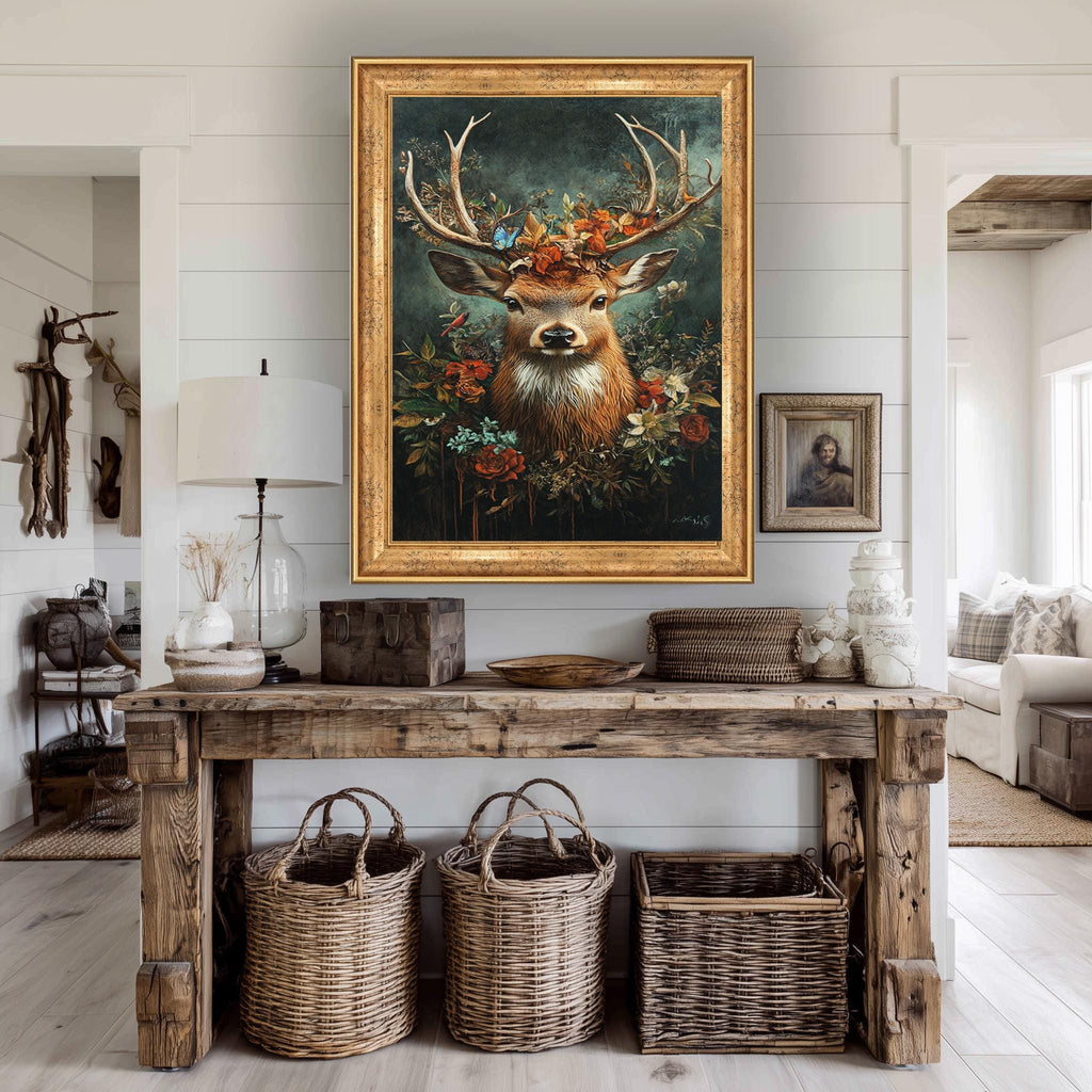Majestic Deer Canvas Art – Rustic Floral Antlers with Butterflies | Woodland Wall Decor