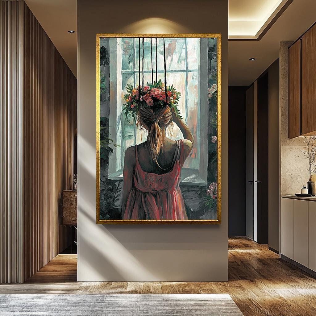 Romantic Woman Wall Art – Floral Head Painting | Feminine Aesthetic Artwork Canvas