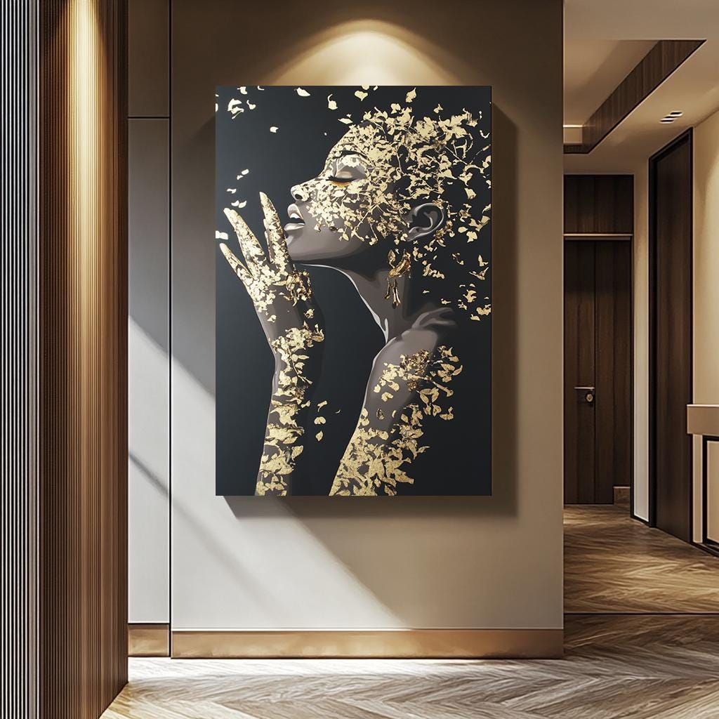 Luxury Woman Wall Art – Black Gold Female Portrait Print | Modern Wall Decor