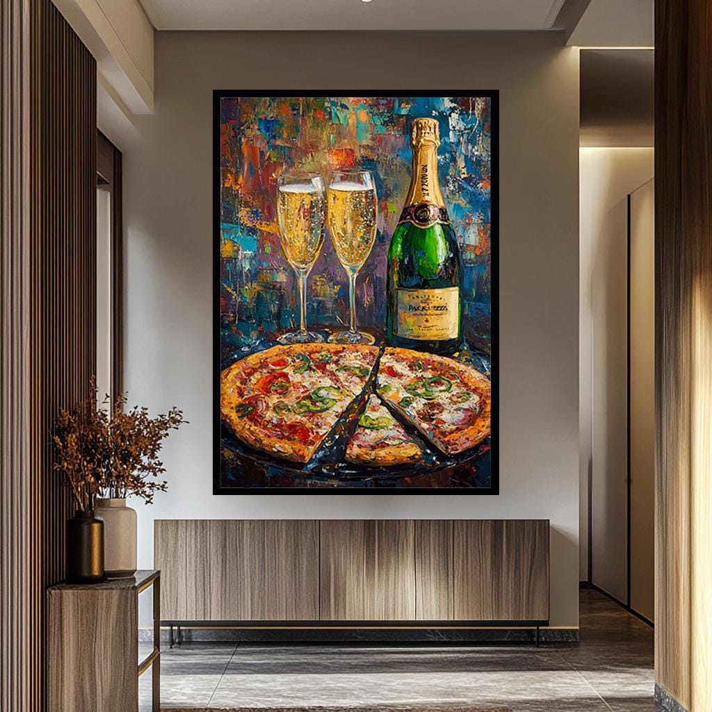 Champagne Pizza Canvas - Colorful Kitchen Wall Art | Bold Impressionist Print