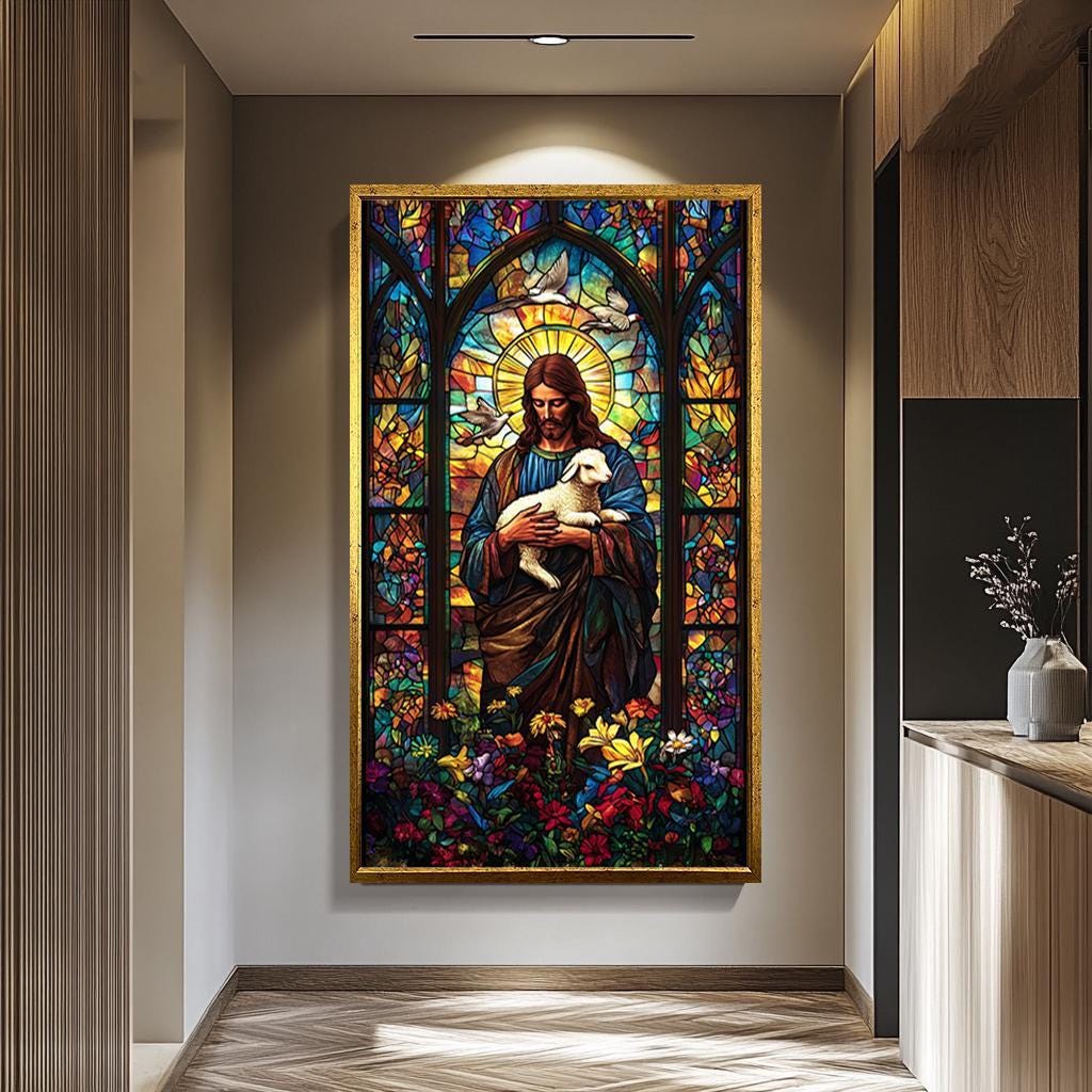 Jesus Christ Canvas Print – Good Shepherd Painting | Vibrant Stained Glass Artwork