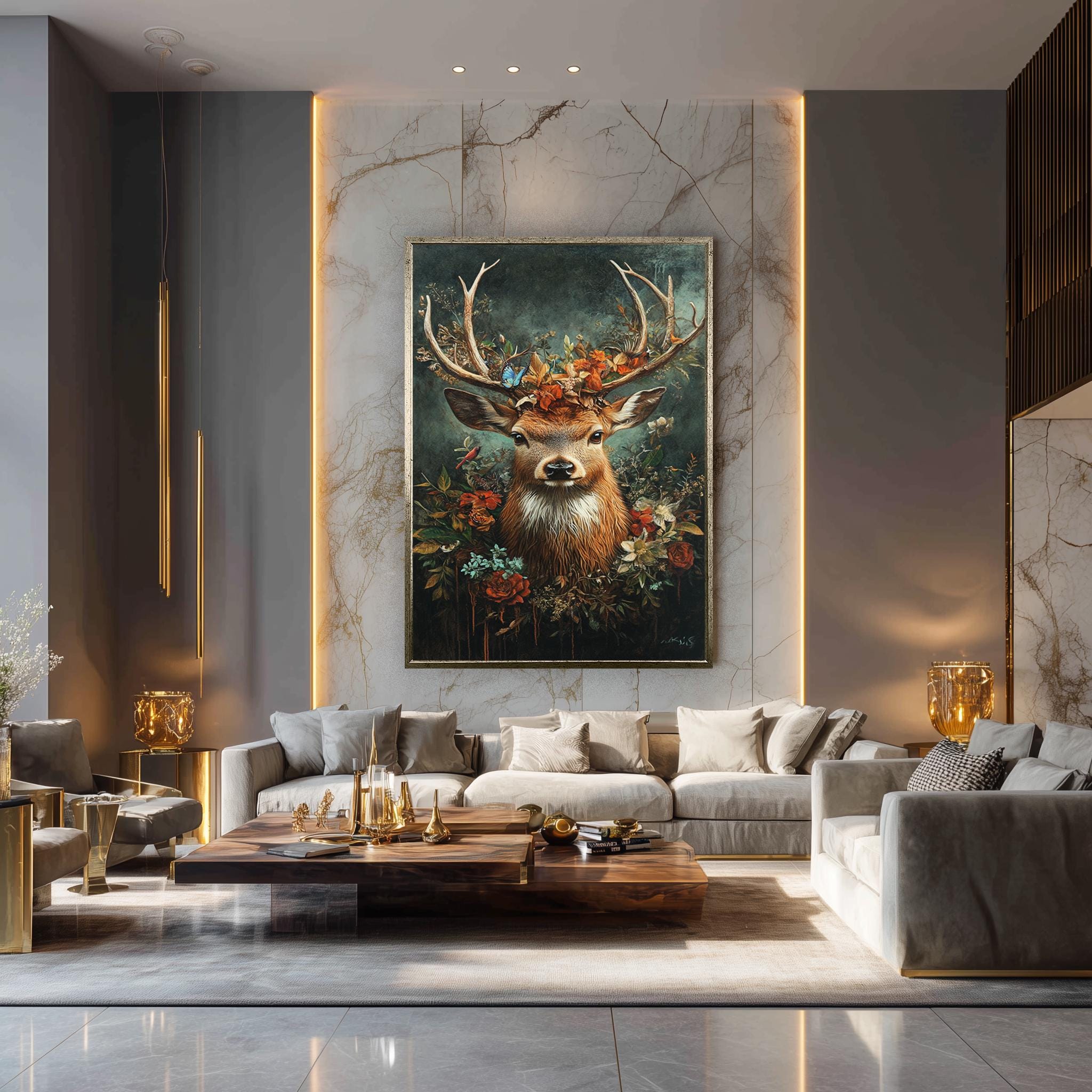 Majestic Deer Canvas Art – Rustic Floral Antlers with Butterflies | Woodland Wall Decor