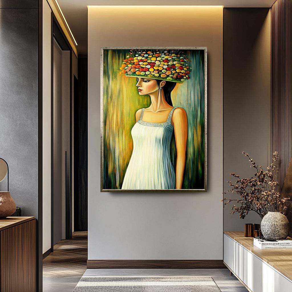 Floral Women Wall Art - Whimsical Portrait Canvas With Flower Hat | Elegant Botanical Decor