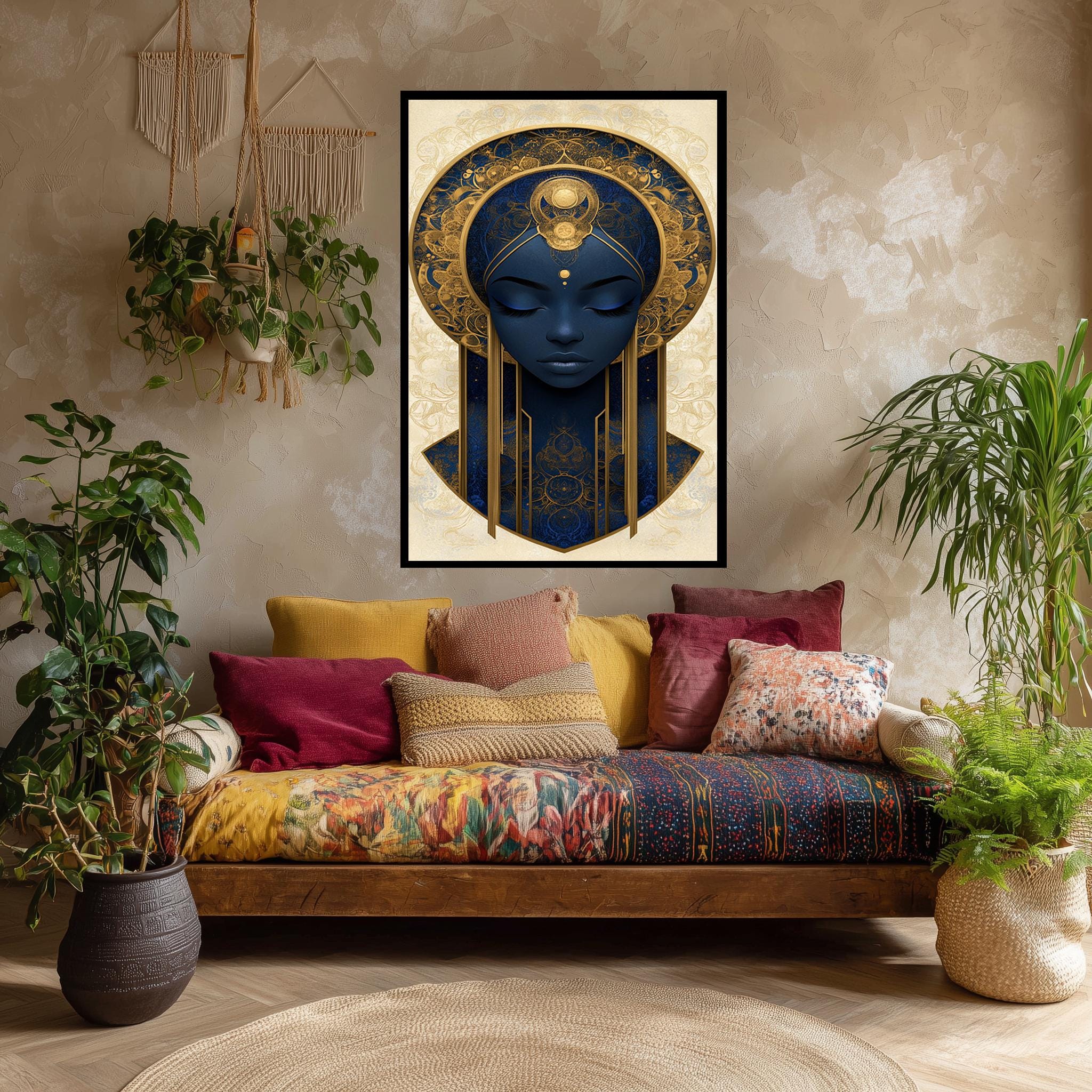 Divine Feminine Canvas Print – Afrocentric Wall Art With Blue Gold Detailing