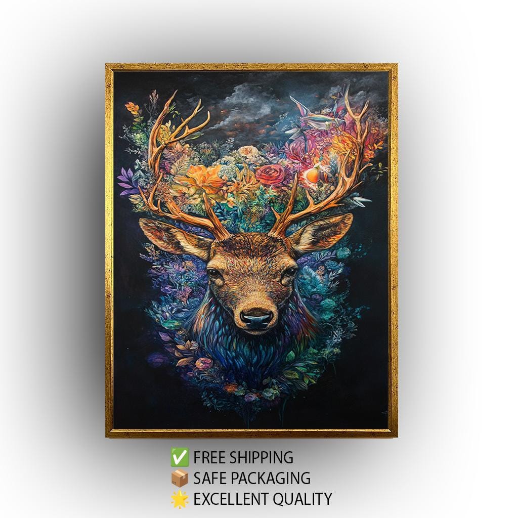 Deer Floral Canvas Print – Vibrant Botanical Stag Portrait | Boho Cottagecore Decor