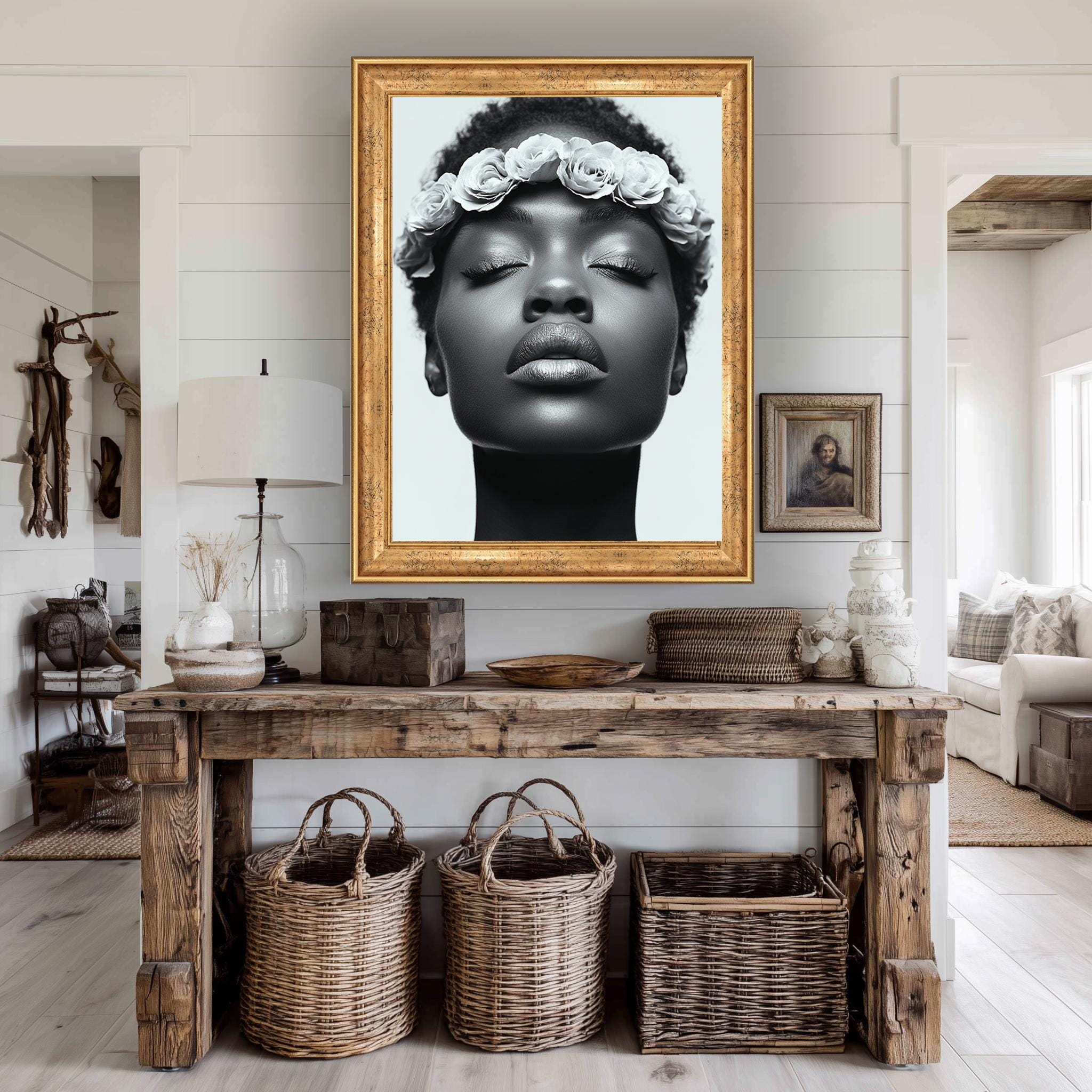 Black Woman Canvas Print – Monochrome Wall Art With Rose Crown Portrait