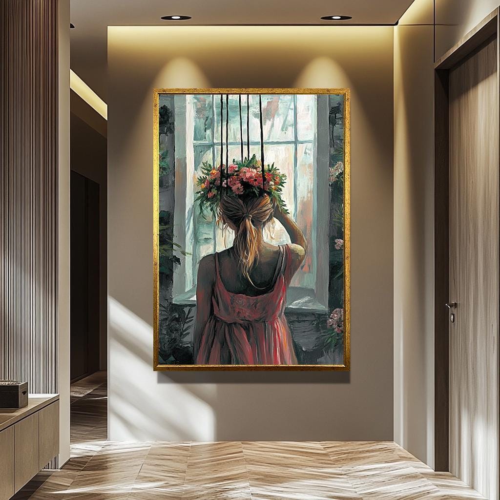 Romantic Woman Wall Art – Floral Head Painting | Feminine Aesthetic Artwork Canvas