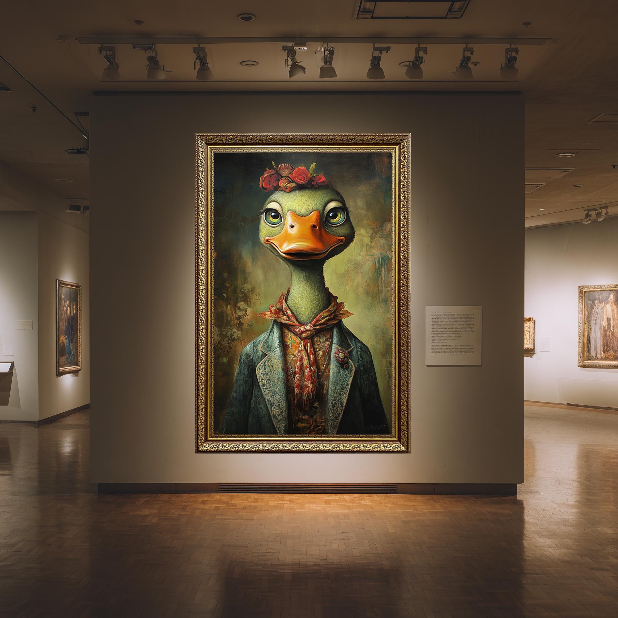 Whimsical Duck Canvas – Vintage Floral Crown Animal Portrait Print for Nursery Wall Art